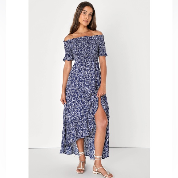 Navy Blue Floral Off Shoulder Dress
